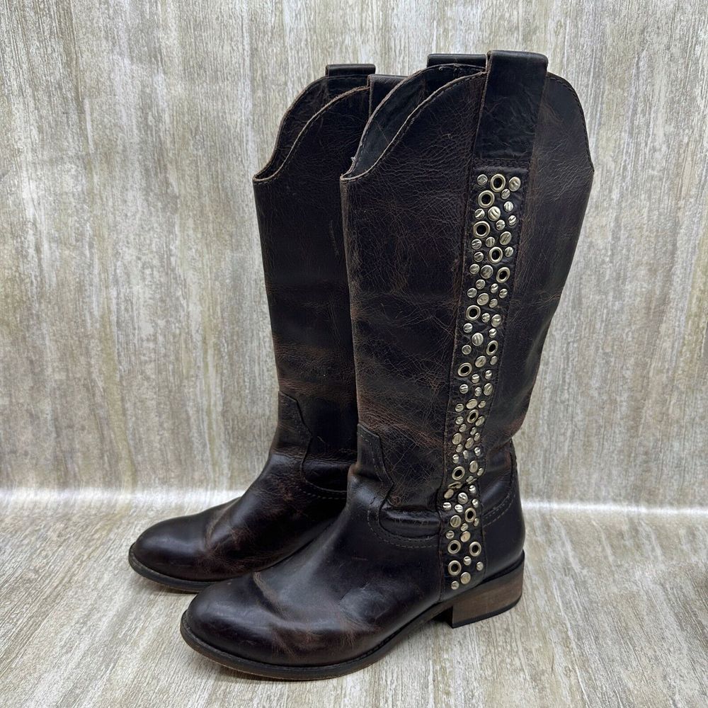 Spirit By Lucchese Avery Grommet Boots Sz 6.5‎ Brown Distressed Leather Brass